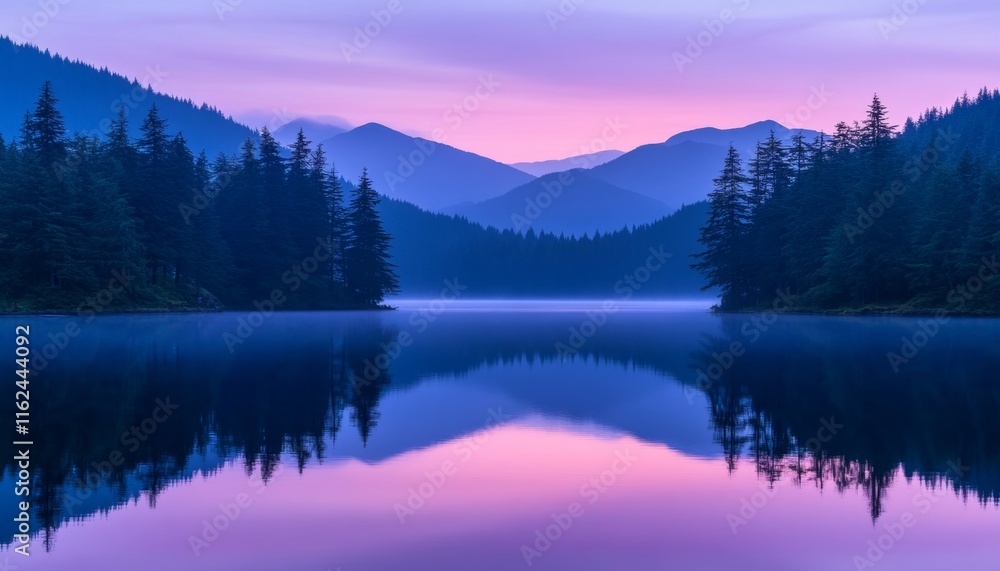 Fototapeta premium Purple Sunset Serenity, Tranquil Lake Reflections, Mountain Forest Silhouette, Nature Photography