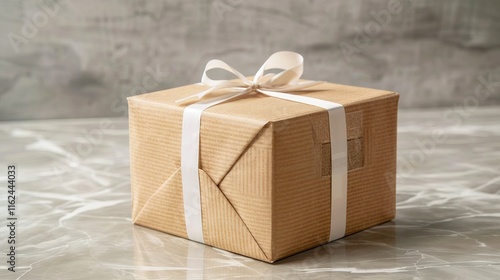 Neatly wrapped gift box with return label on minimalist table, showcasing online shopping returns, e-commerce logistics, and package delivery concepts. photo