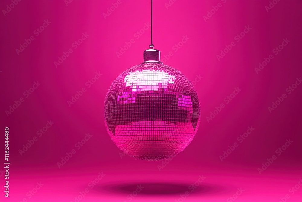 Fototapeta premium Shimmering Pink Disco Ball with Reflection Hanging Against Vibrant Background