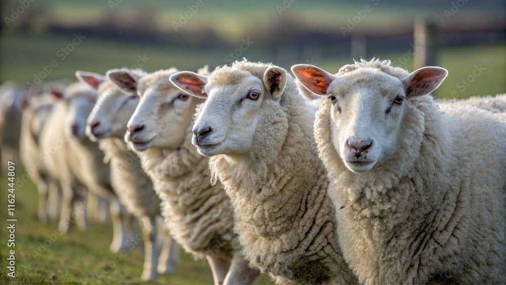 Herd of Sheep Standing in Row, Lamb Farm Herd of Sheep Standing in Row, Lamb Farm