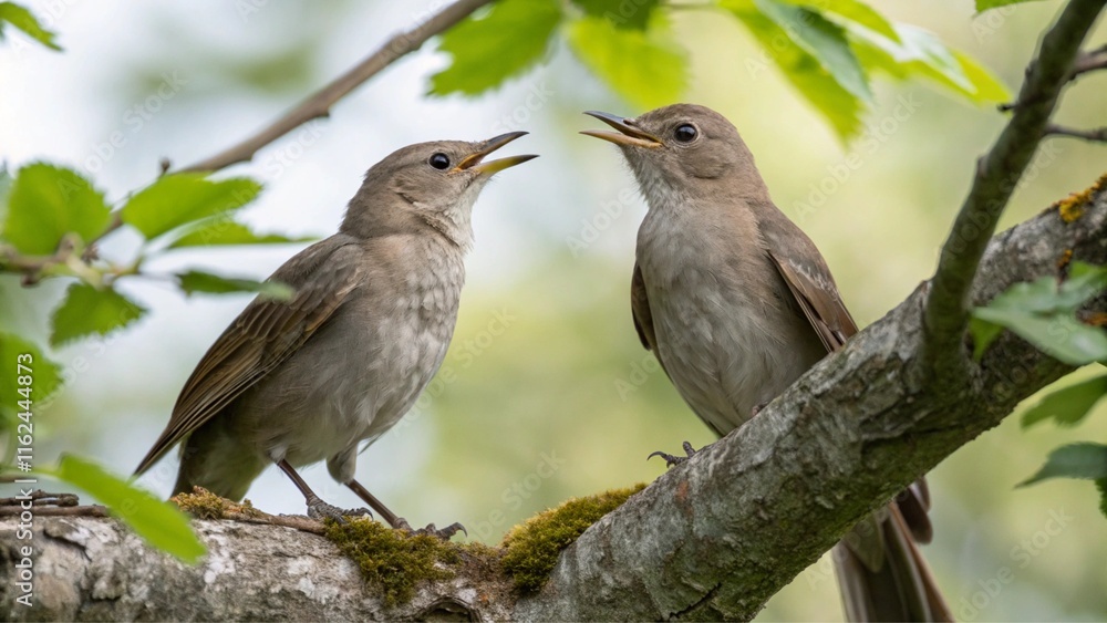 Two Nightingale Birds Perched and Sitting Singing on Tree Branch, Wild Birds in Natural Habitat Two Nightingale Birds Perched and Sitting Singing on Tree Branch, Wild Birds in Natural Habitat