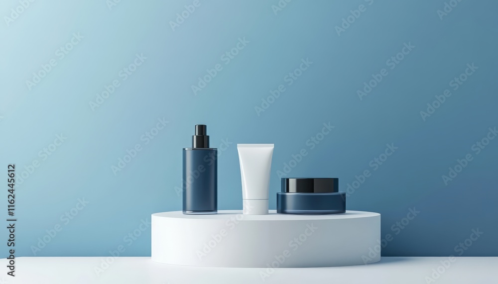 Elegant Blue Cosmetic Products on Display Skincare Set Beauty Mockup Elegant Blue Cosmetic Products on Display Skincare Set Beauty Mockup