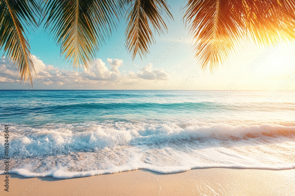 Fototapeta premium Calm Sunset Over Tropical Beach with Waves and Palm Leaves in Clear Sky