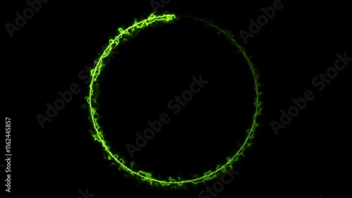 Rotating neon light circle of green energy isolated on black background