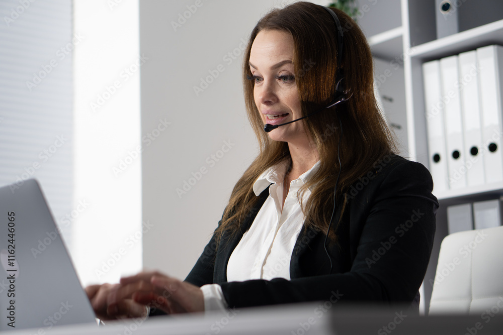A professional woman is seated in a modern office environment, actively using a headset and working on her laptop to engage in important business meetings and discussions with clients and colleagues A professional woman is seated in a modern office environment, actively using a headset and working on her laptop to engage in important business meetings and discussions with clients and colleagues