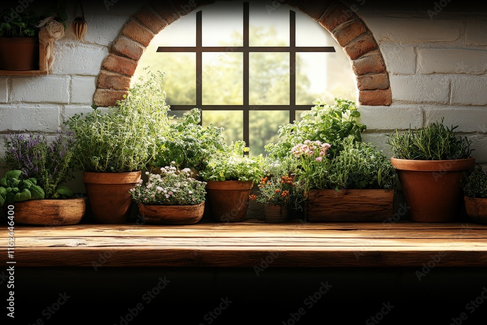 A cozy window sill filled with various potted herbs and plants, creating a vibrant atmosphere. A cozy window sill filled with various potted herbs and plants, creating a vibrant atmosphere.