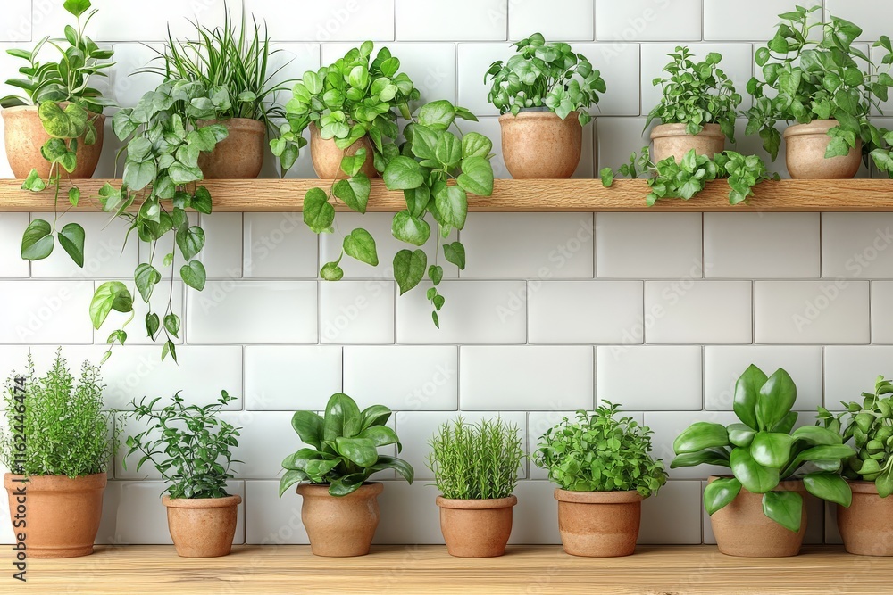 A collection of potted plants on wooden shelves against a tiled wall, enhancing indoor greenery. A collection of potted plants on wooden shelves against a tiled wall, enhancing indoor greenery.