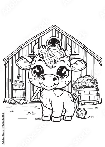 coloring book cute cow standing in front of cowshed
