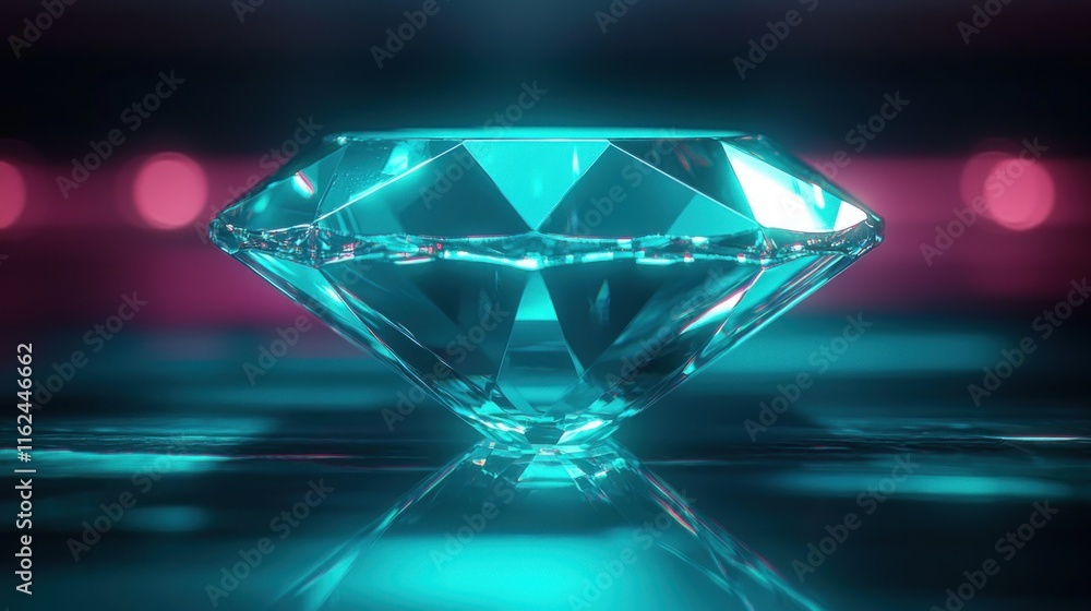 A glowing blue diamond on a reflective surface. A glowing blue diamond on a reflective surface.