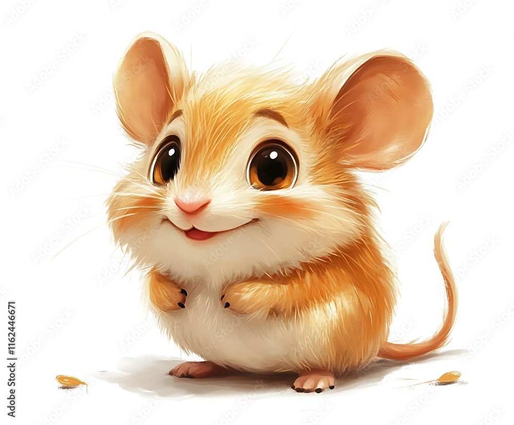 Obraz premium Adorable cartoon mouse with big eyes and fluffy fur, isolated on white background.
