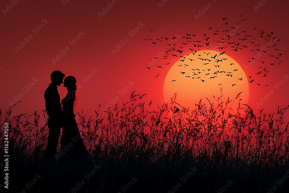 Silhouette of a couple in love at sunset with birds flying Silhouette of a couple in love at sunset with birds flying