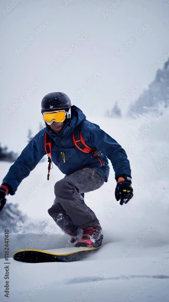 A snowboarder fights through a blizzard, with dramatic wind and snow effects, showcasing resilience and skill, 4k High-Quality Business Wallpaper Background Animation Video A snowboarder fights through a blizzard, with dramatic wind and snow effects, showcasing resilience and skill, 4k High-Quality Business Wallpaper Background Animation Video