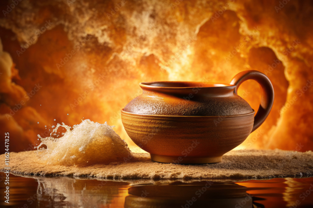 rustic clay pot sits on sandy terrain, surrounded by foaming texture and warm earth tones, creating serene and dynamic atmosphere rustic clay pot sits on sandy terrain, surrounded by foaming texture and warm earth tones, creating serene and dynamic atmosphere