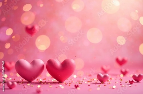 two pink hearts surrounded by smaller hearts and golden confetti on a pink surface with glowing bokeh lights, romantic and festive design, concept of valentine's day, love, and celebration industries photo