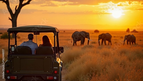 Couple enjoying sunset safari watching elephants in the savannah