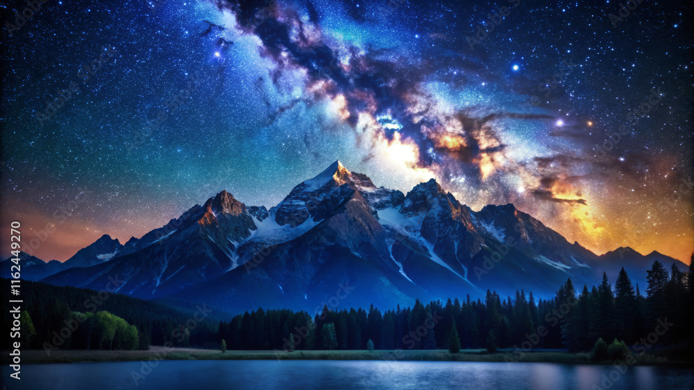 Naklejka premium breathtaking mountain peak under starry sky, showcasing Milky Way and vibrant colors of summer. serene lake reflects stunning landscape, creating magical atmosphere