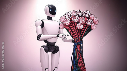 Cute romantic robot holding ai bouquet for Saint Valentine's day. Flowers look like a ChatGpt OpenAI logo.  photo