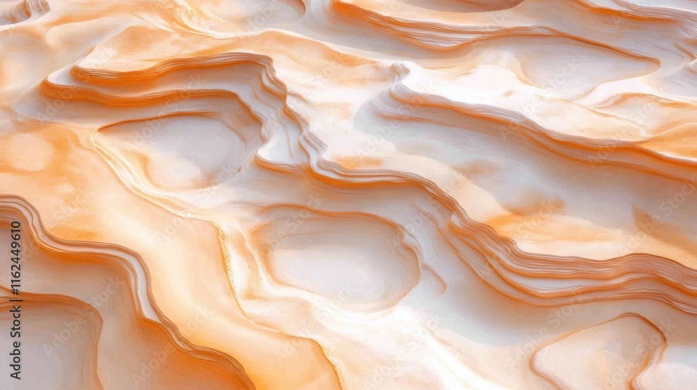 Fototapeta premium Overhead view of a terracotta desert landscape illuminated by golden sunlight creating soft geometric patterns