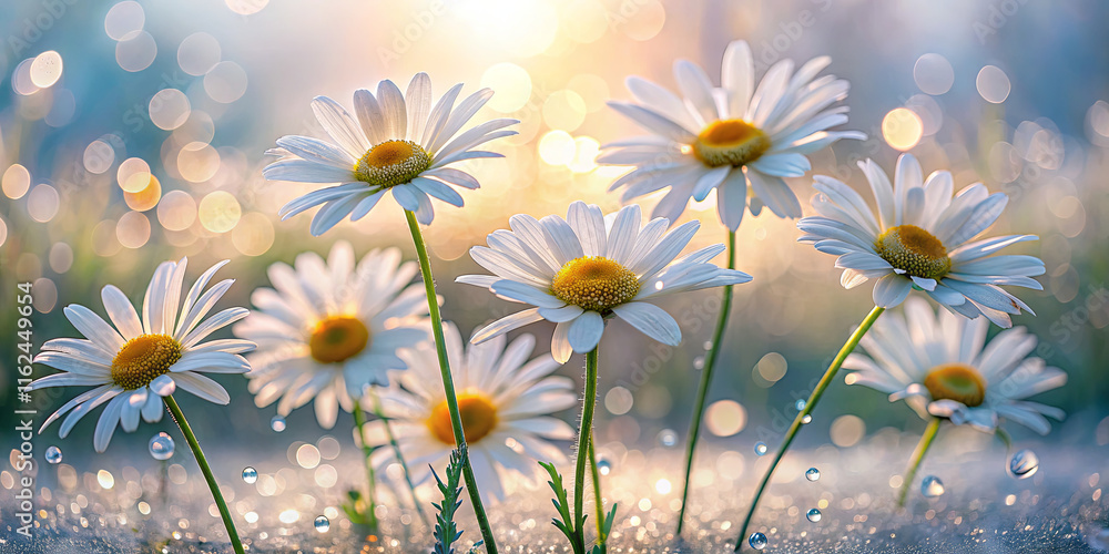 Daisies stand tall in a garden, illuminated by the soft morning sun. Dewdrops glisten on their petals, creating a magical atmosphere of tranquility and beauty Daisies stand tall in a garden, illuminated by the soft morning sun. Dewdrops glisten on their petals, creating a magical atmosphere of tranquility and beauty