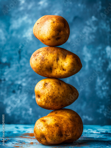 Five baking potoatoes balanced on top of each other against a blue distressed background
