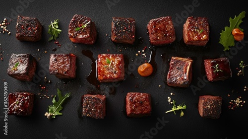 Fototapeta Naklejka Na Ścianę i Meble -  Artisanal grilled beef collection, medium rare steak cubes, caramelized crust tender interior, precise cuts arrangement, studio lighting, gastronomy photography, floating layout pattern