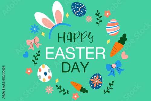 Happy easter day card with bunny ears, eggs and flowers. Flat vector illustrations.