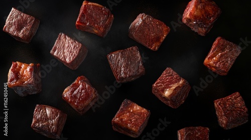 Fototapeta Naklejka Na Ścianę i Meble -  Artisanal grilled beef collection, medium rare steak cubes, caramelized crust tender interior, precise cuts arrangement, studio lighting, gastronomy photography, floating layout pattern