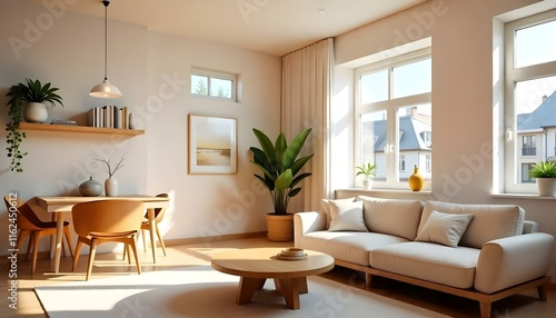 Wallpaper Mural A cozy and bright living room with a large window, a beige sofa, a wooden coffee table, and a potted plant Torontodigital.ca