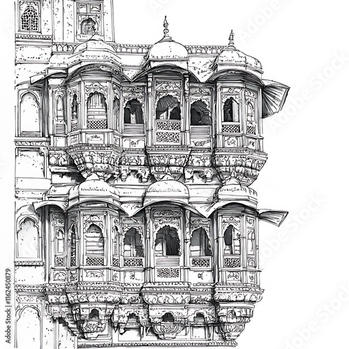 Intricate Line Drawing of Ornate Balconies and Domes on an Ancient Indian Building.