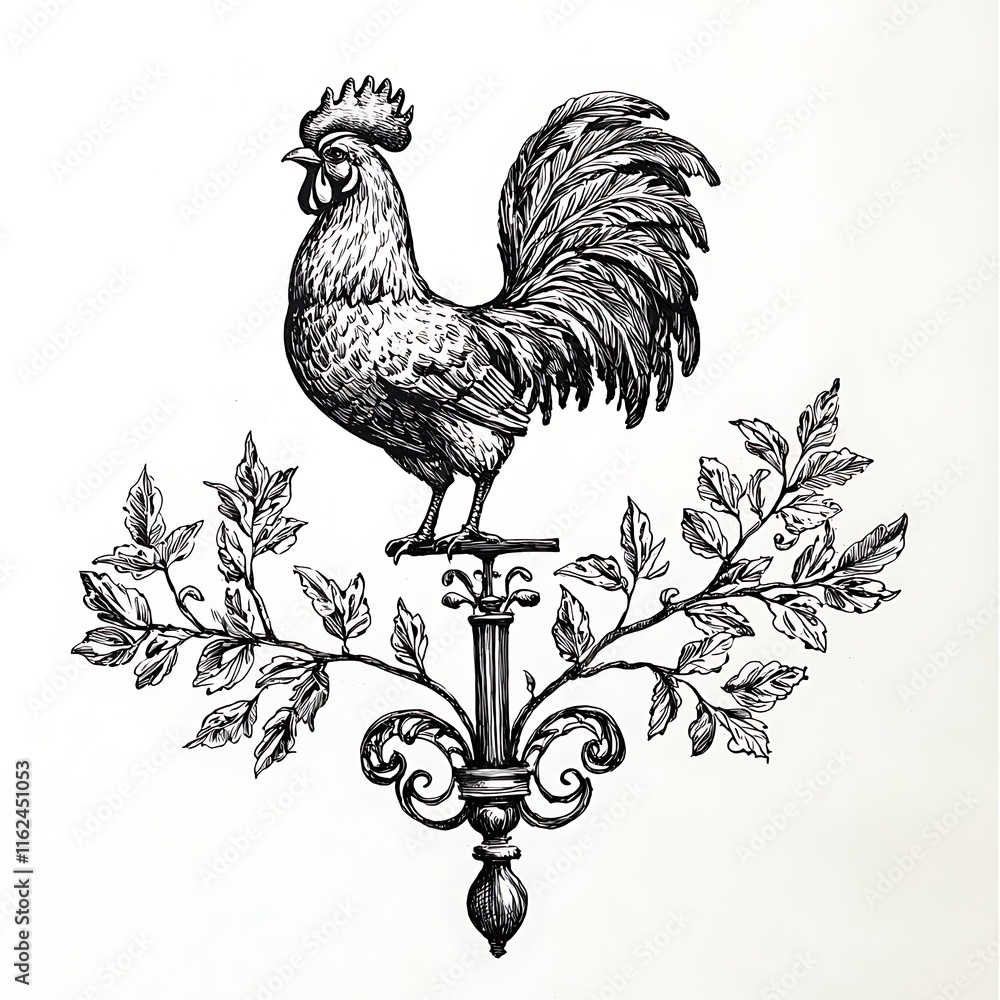 custom made wallpaper toronto digitalAn elegant black and white illustration of a rooster perched atop an ornate, leaf-adorned finial.