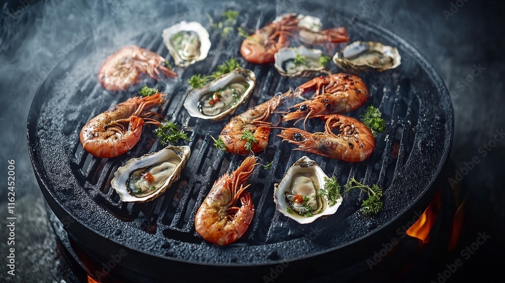 Professional food shot of barbecued shellfish, butter-basted prawns, fresh oysters on half shell, deep black grill surface, cooking process capture, rich contrast, smoky environment Professional food shot of barbecued shellfish, butter-basted prawns, fresh oysters on half shell, deep black grill surface, cooking process capture, rich contrast, smoky environment