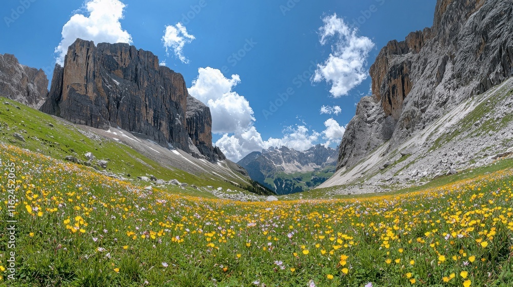 Scenic mountain valley filled with vibrant wildflowers. Scenic mountain valley filled with vibrant wildflowers.