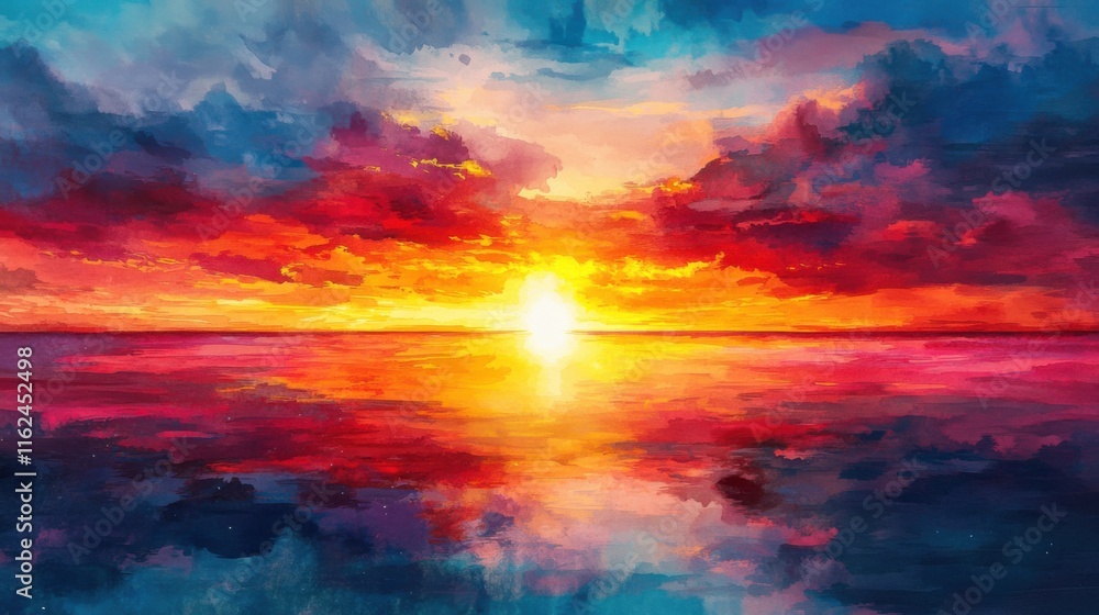 Obraz premium Abstract Watercolor Background on Paper with a Colorful Sunset and Bright Sky