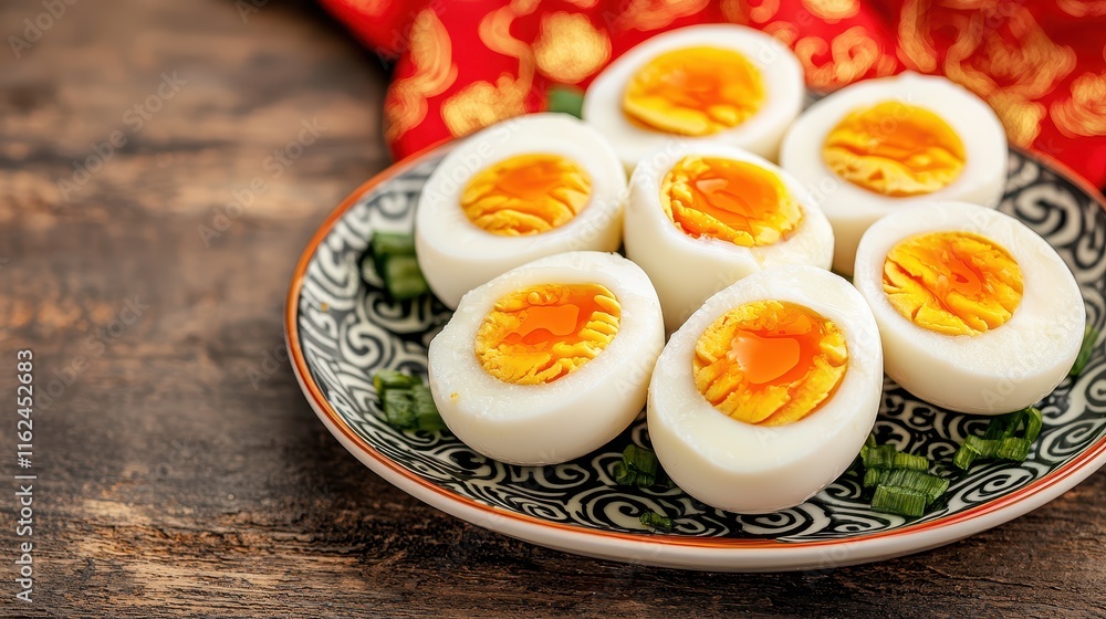 Chinese New Year Food Concept, Salted Duck Eggs with Rich Yolk on Decorative Plate Surrounded by Fresh Herbs Chinese New Year Food Concept, Salted Duck Eggs with Rich Yolk on Decorative Plate Surrounded by Fresh Herbs