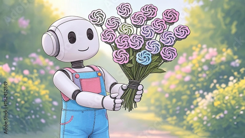 Cute robot holding colourful flowers in a sunny garden with blossoms photo