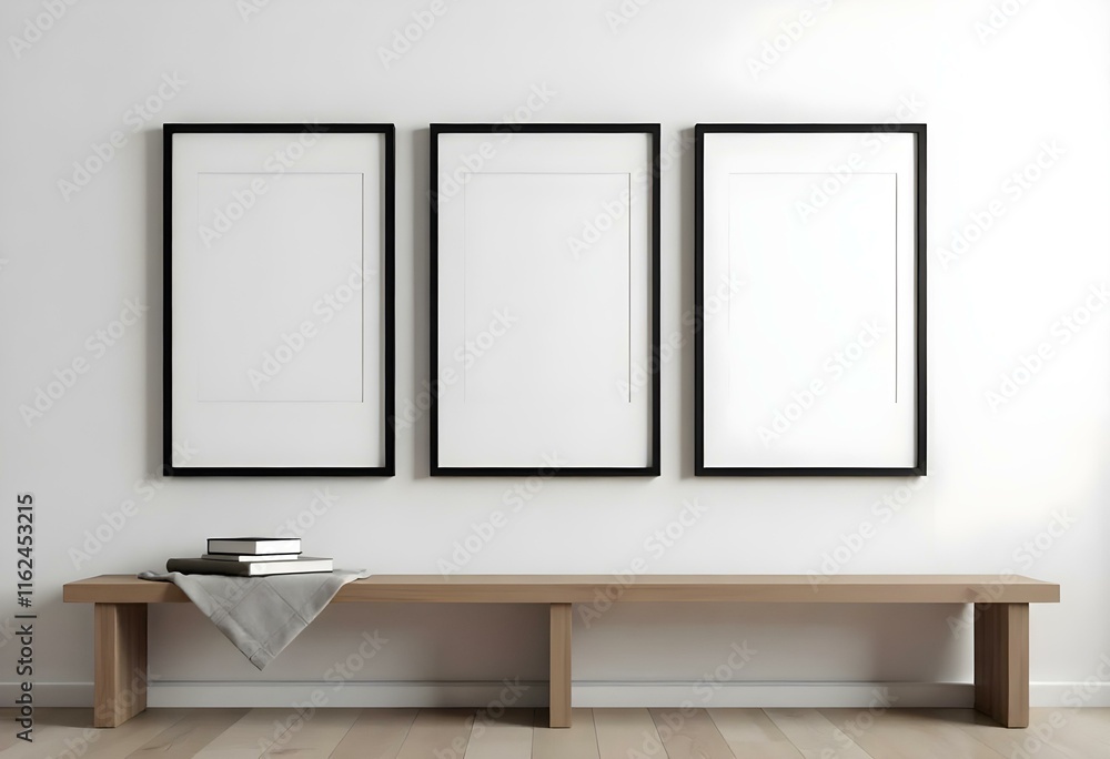 Three empty black frames on a white wall above a wooden bench Three empty black frames on a white wall above a wooden bench