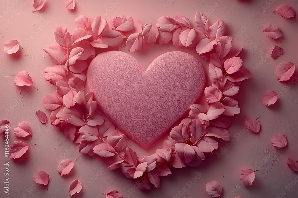 Obraz premium Pink heart surrounded by delicate petals on a pink background