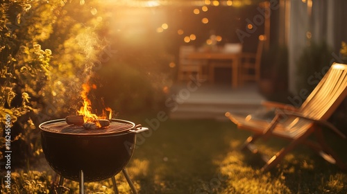 Burning charcoal grill detail, golden hour illumination, defocused garden setting, wooden deck chair accent, warm color palette, summer evening mood, lifestyle editorial style photo