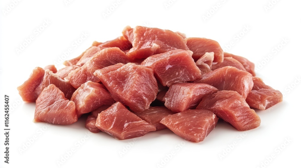Premium cut pork strips, alternating meat and fat layers, modern food packaging, bird's eye view, pure white setting, product photography, crisp focus, advertising grade Premium cut pork strips, alternating meat and fat layers, modern food packaging, bird's eye view, pure white setting, product photography, crisp focus, advertising grade