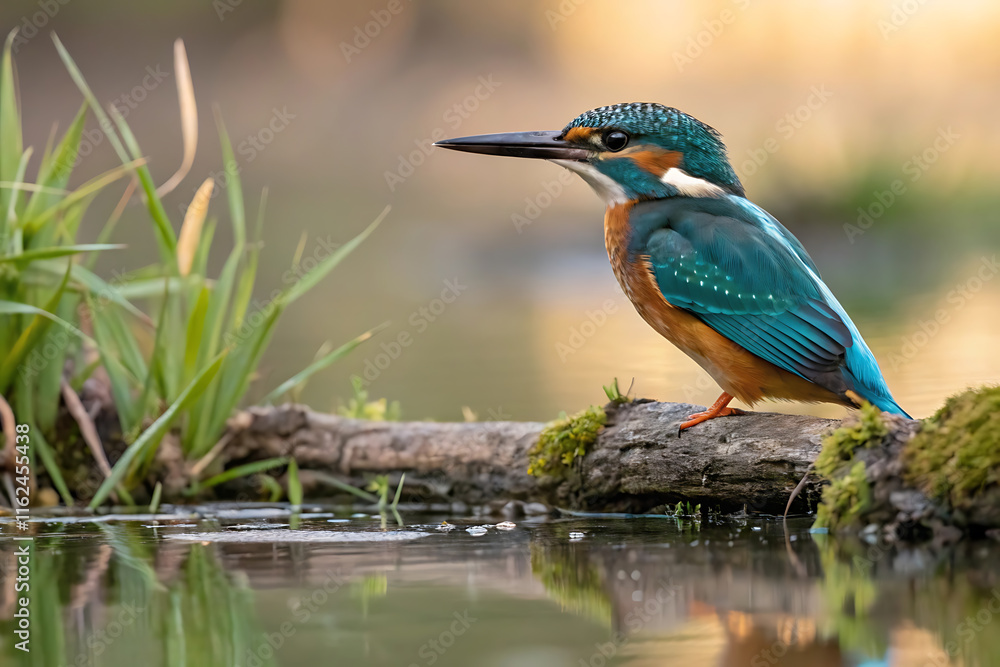 Fototapeta premium Vibrant kingfisher on mossy log by tranquil pond.