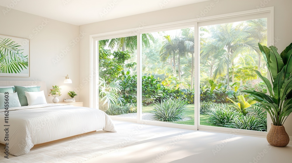Obraz premium Bright bedroom with large windows overlooking a lush garden, featuring minimal decor and natural light.