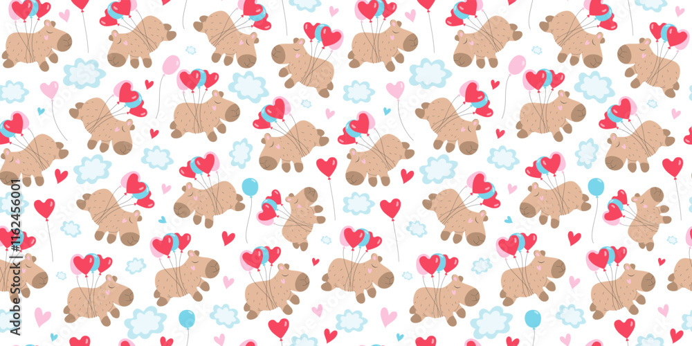Obraz premium Funny happy cartoon capybara with balloons flying in the clouds. Pattern repeating. Animal, holiday, birthday, Valentine's Day. Heart shape. Seamless background.