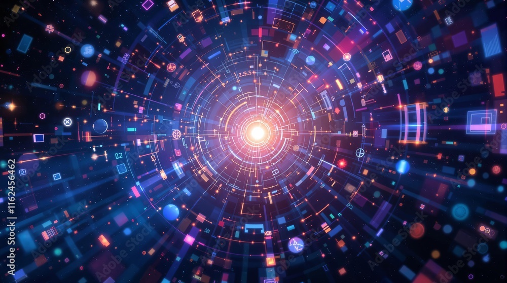 Fototapeta premium Vibrant abstract visualization of digital data flowing towards a central light source in a cosmic setting