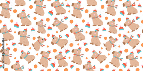 Funny cartoon capybara in warm clothes. Pattern, repeating background. Knitted hat scarf, orange. Animal, fruit, children's design.