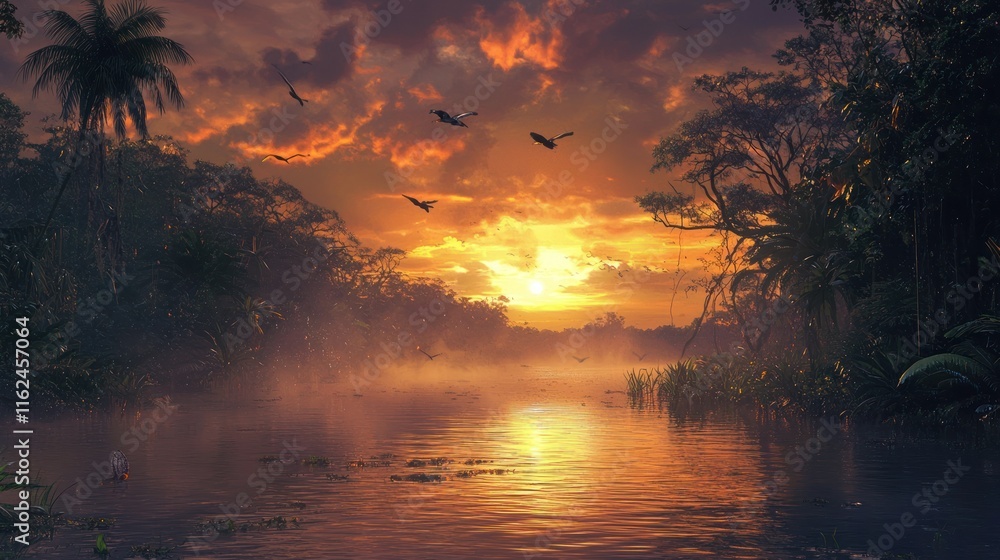 Serene sunset over a tranquil river in a lush jungle.