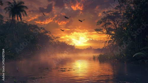 Obraz na płótnie Serene sunset over a tranquil river in a lush jungle. w salonie