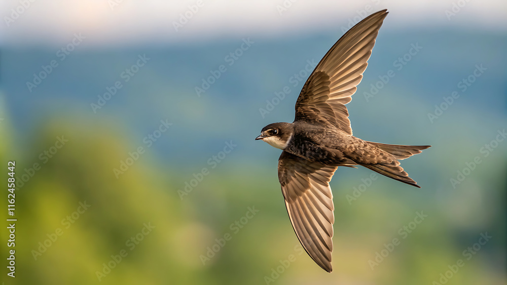 Obraz premium Swift bird in flight against blurred green background.