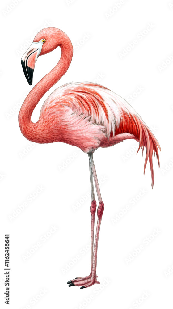 Obraz premium Elegant pink flamingo posing in profile against a transparent background, showcasing its vibrant feathers and graceful appearance