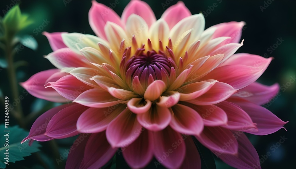 Obraz premium Primer plano de una vibrante flor de dalia rosa y verde con pétalos suaves y difusos sobre un fondo borroso