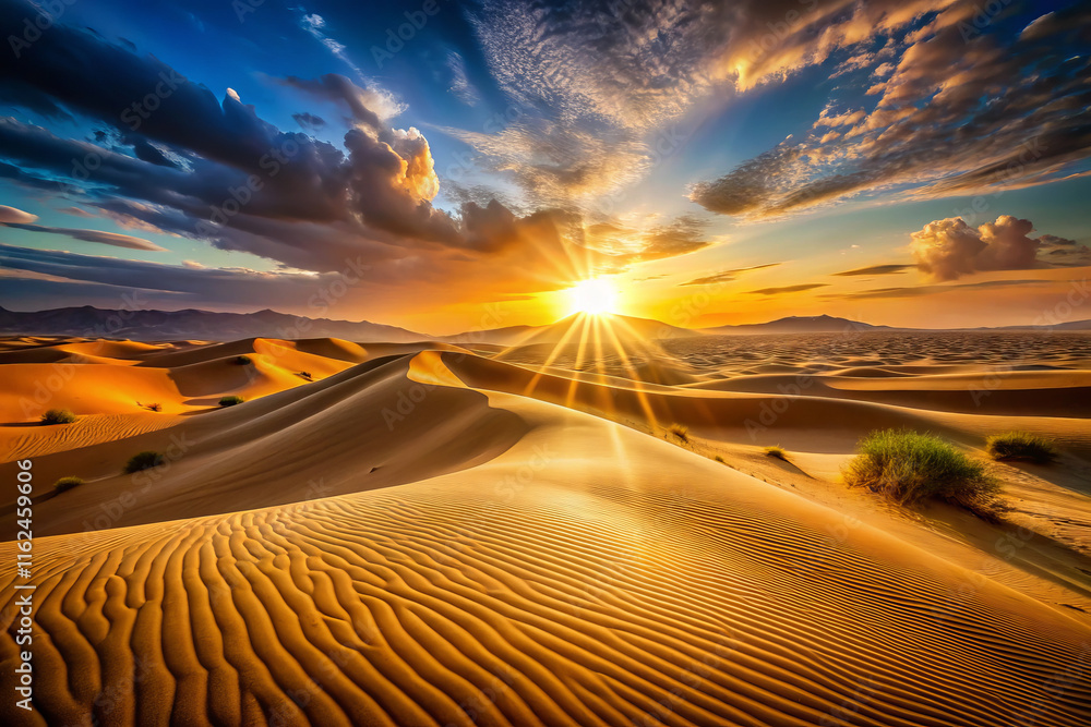 Naklejka premium Breathtaking golden hour desert panorama with sun drenched landscape, showcasing rolling sand dunes and dramatic clouds. serene and captivating view of nature beauty